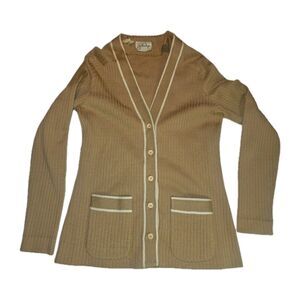 Vtg 50s Tan Ribbed Knit Cardigan Sweater Womens XS V-Neck Button Front Retro